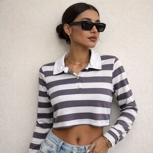 🏷️ Gaze Purple White Striped Long Sleeve Polo Shirt Cropped XS